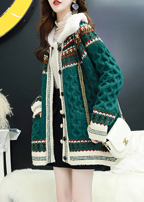 Green Button Pockets Thick Knit Coat Long Sleeve Spring