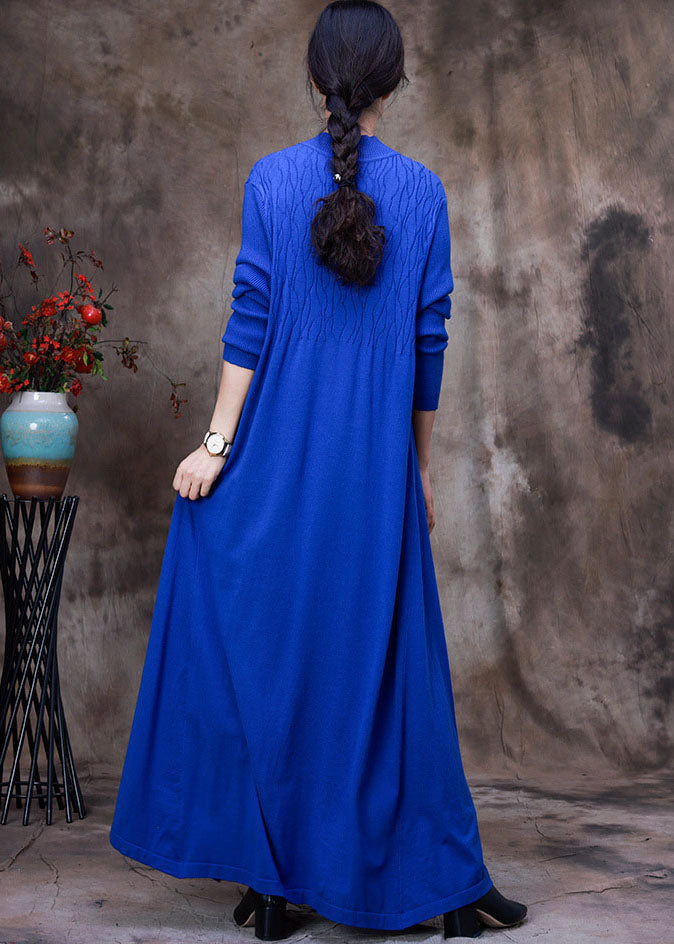 Handmade Blue Stand Collar Slim Fit Knit Long Dresses Spring