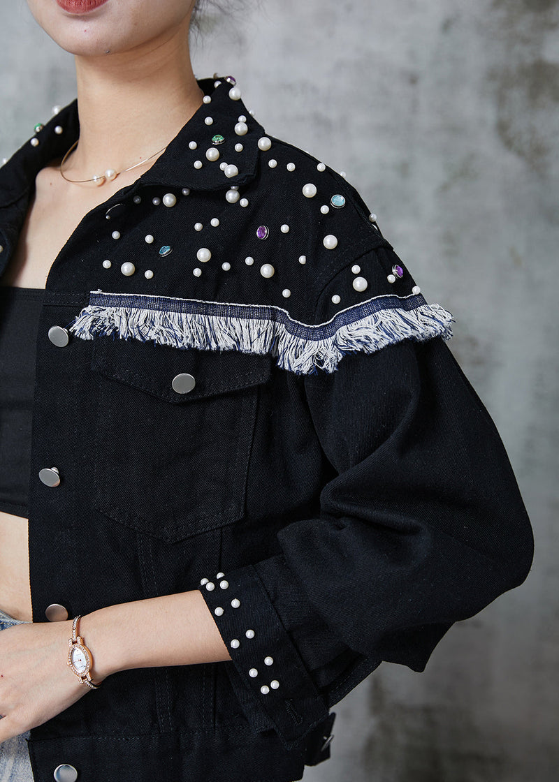 Black Tasseled Patchwork Nail Bead Denim Jacket Spring