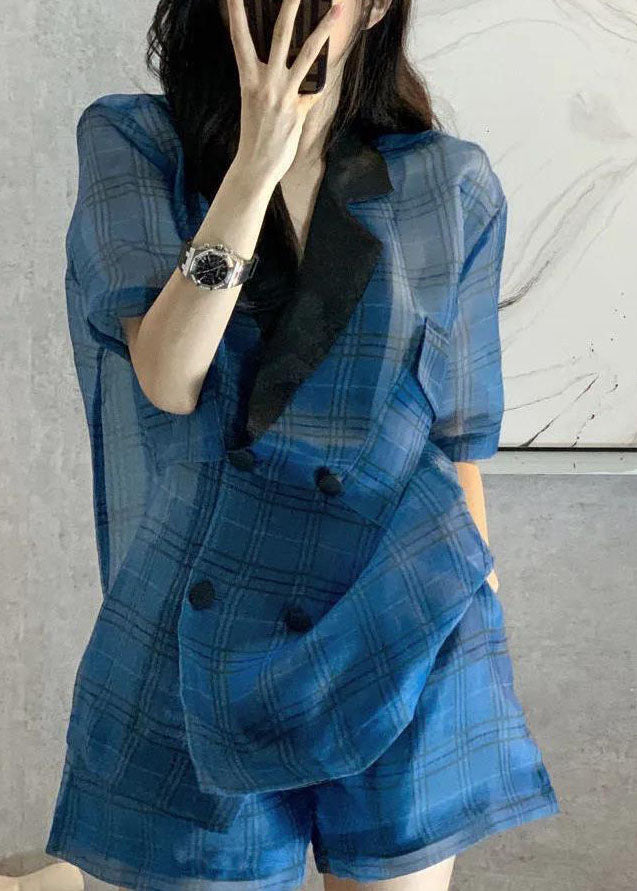 Blue Peter Pan Collar Plaid Patchwork Top Hot Pants Two-piece Set Short Sleeve