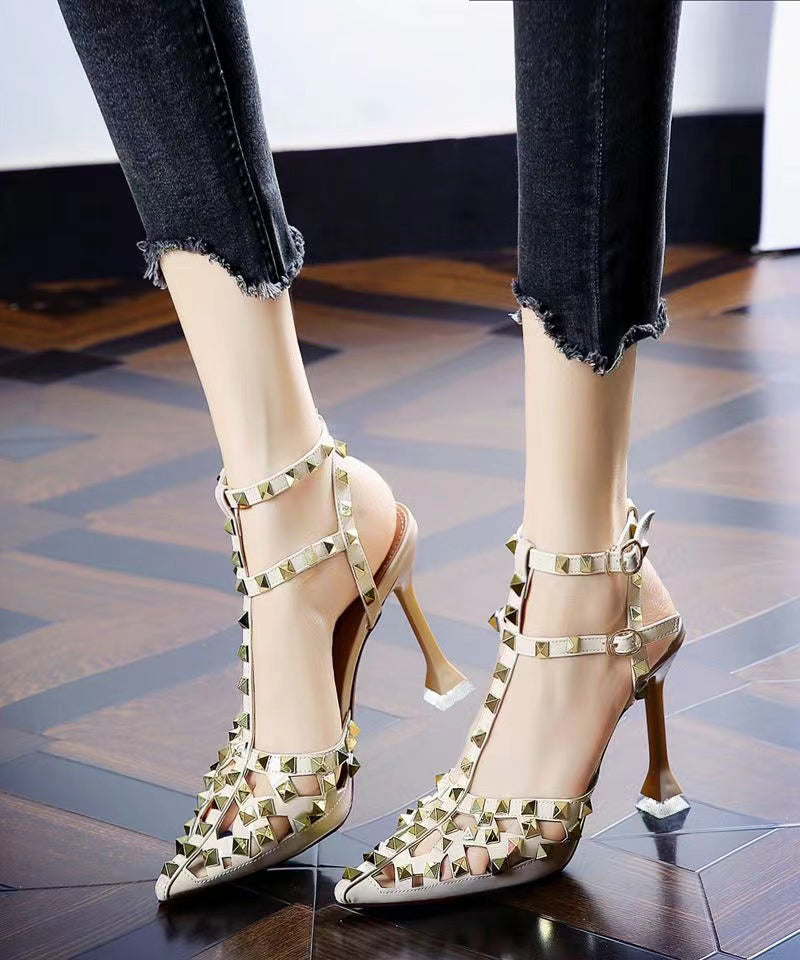 European and American Wine Red Hollow Out Rivet Pointed Stiletto High Heels