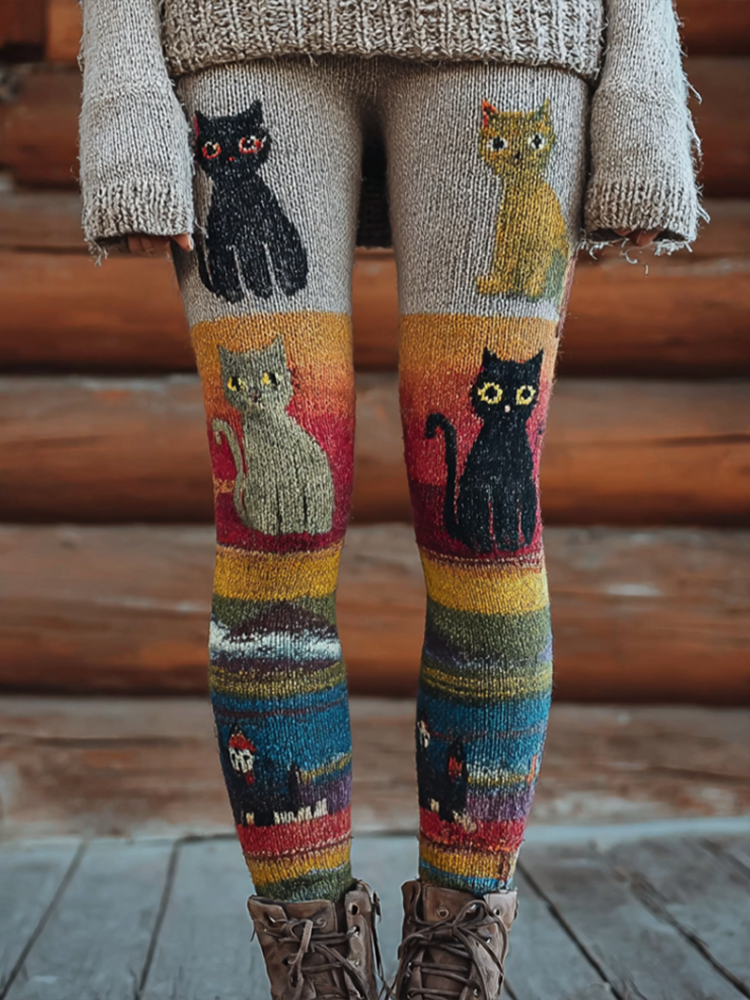 Comstylish Christmas Fun Cat Knitting Tight-fitting Leggings