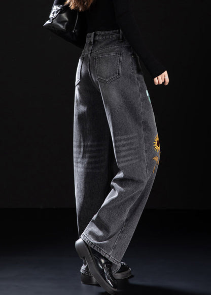 Handmade Black Embroidered Warm Fleece Denim Pants Spring