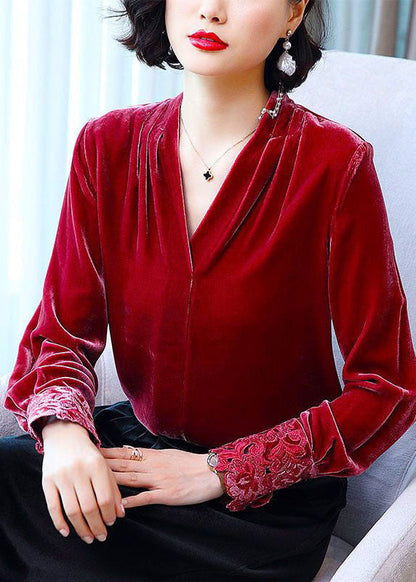 Red V Neck Patchwork Silk Velour Shirt Tops Long Sleeve