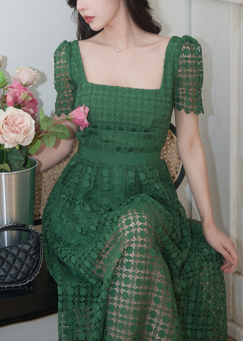 Green Square Collar Hollow Out Lace Long Dress Summer