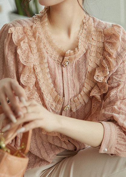 Pink Ruffled Tulle Patchwork Lace Top Fall