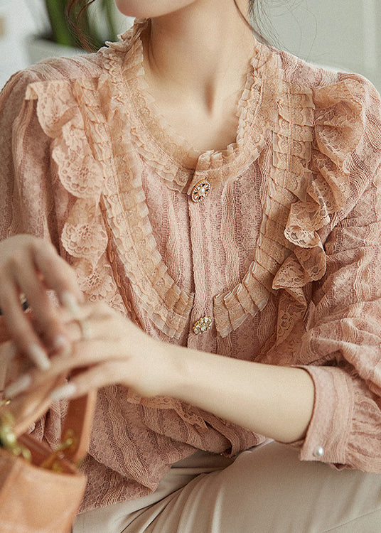 Pink Ruffled Tulle Patchwork Lace Top Fall