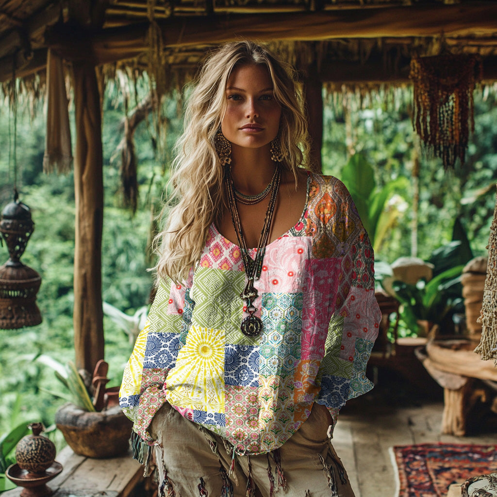 Retro Bohemian Resort Floral Patchwork Art Print Cotton And Linen Blend Loose Blouse artswardrobe