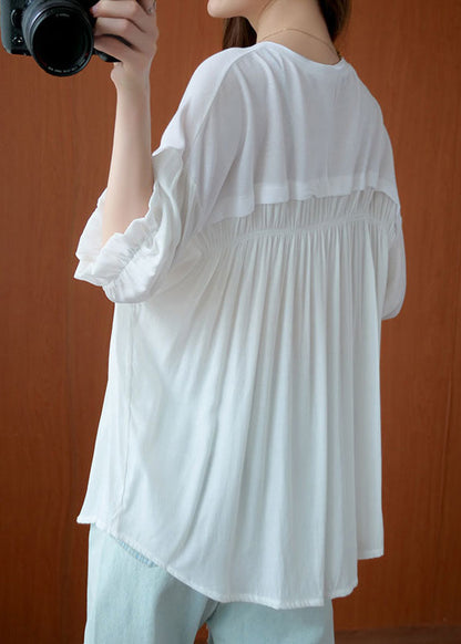 White O-neck Wrinkled Chiffon Tops Half Sleeve