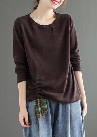 Light Camel O Neck Drawstring Patchwork Cotton Top Fall