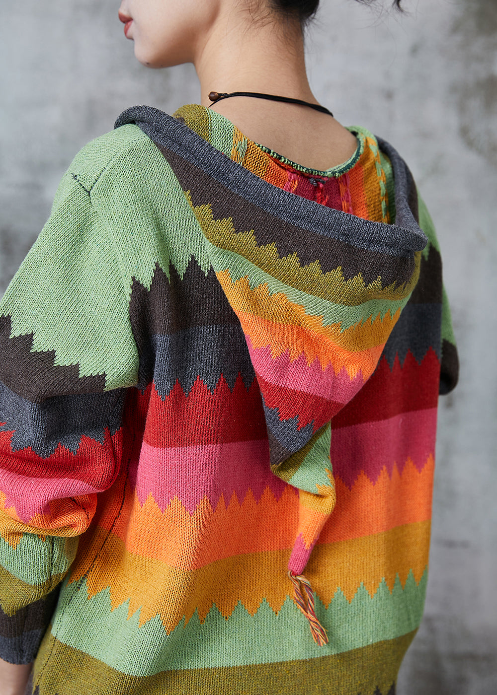 Green Hooded Print Knit Coat Spring