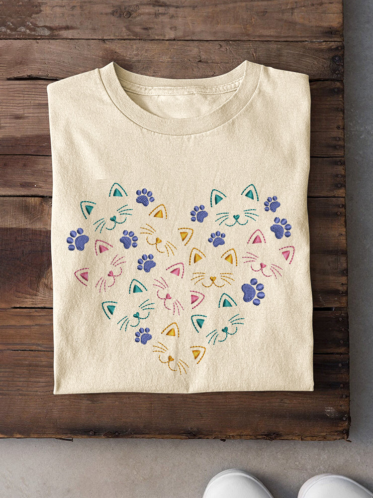 Cute Cat Embroidery Pattern Casual Cotton Short Sleeve T-Shirt elevenforest