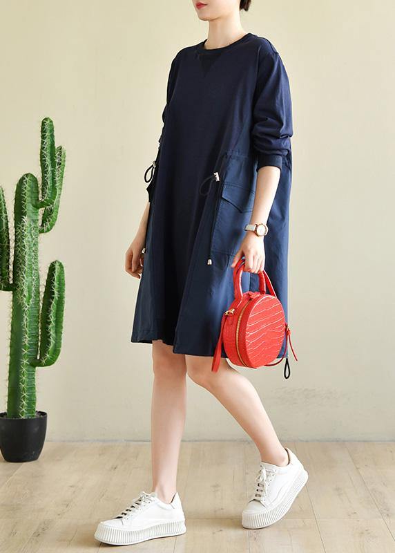 Blue Cinched Cotton Patchwork Spring Dress