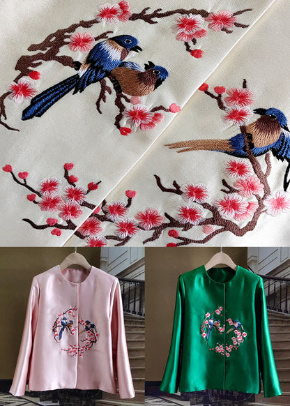 Fine Pink O-neck Embroideried Patchwork Silk Coat Spring