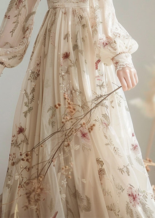 V Neck Print High Waist Chiffon Dress Long Sleeve Spring