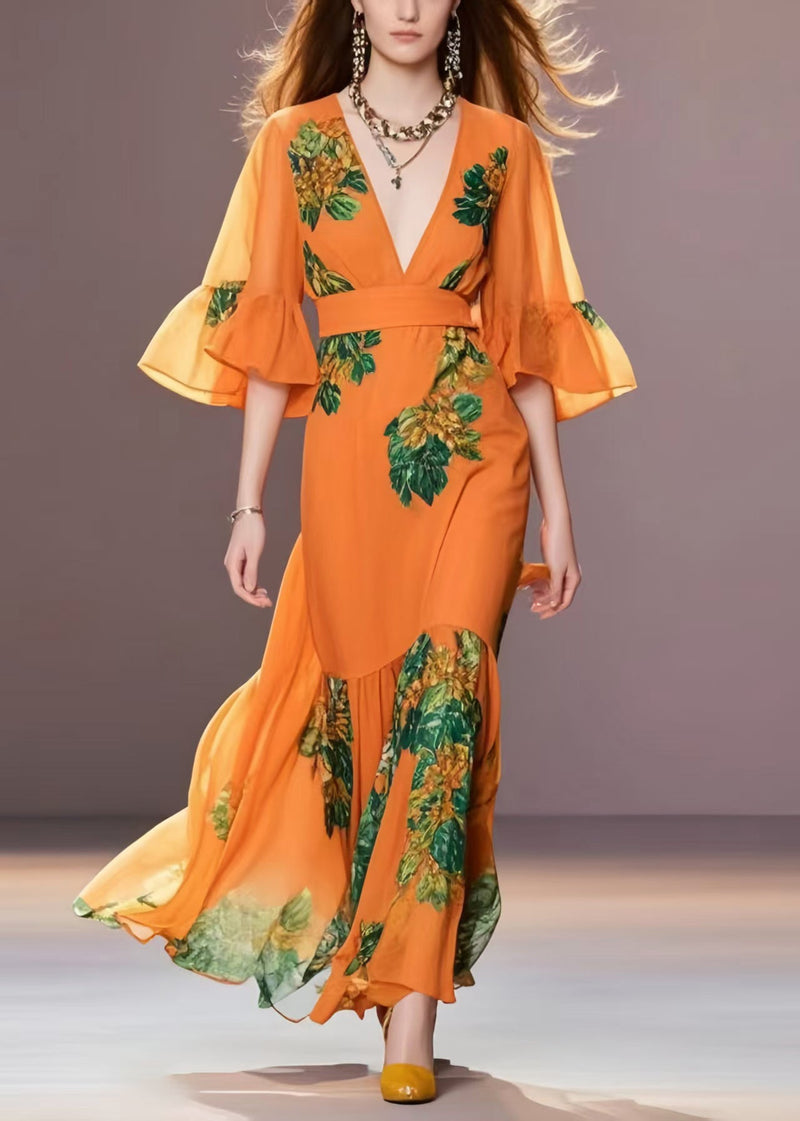Boutique Orange Print Chiffon Robe Dresses Flare Sleeve Summer
