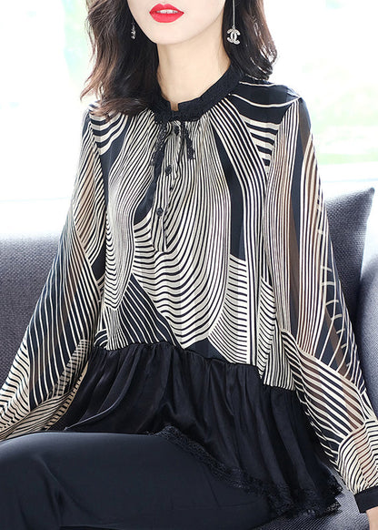 Black Stand Collar Patchwork Striped Button Chiffon Shirts Long Sleeve