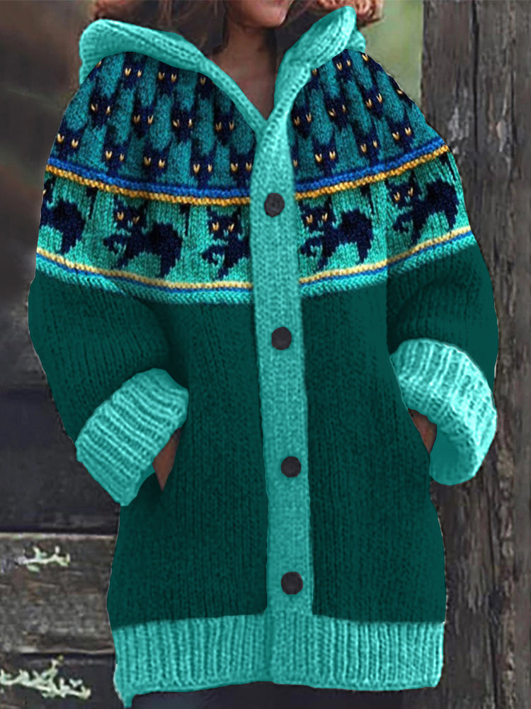 Comstylish Vintage Black Cats Yoke Contrast Cozy Knit Hooded Cardigan