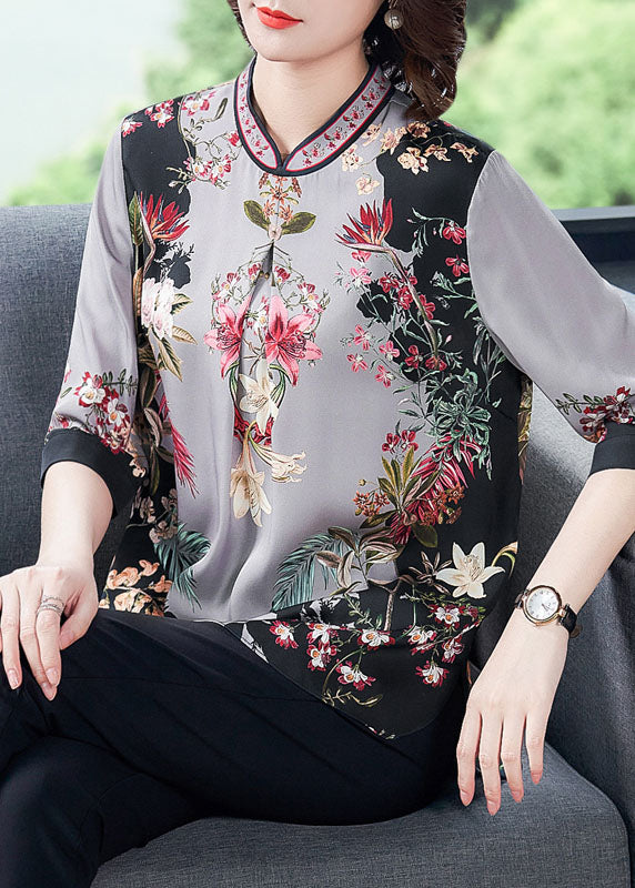 Grey Print Silk Top Stand Collar Half Sleeve