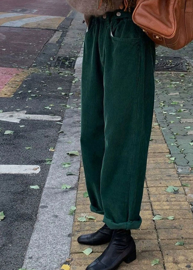Green Pockets Corduroy Straight Pants Fall