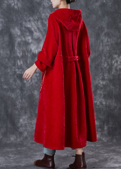 Red Oriental Warm Fleece Corduroy Trench Coat Embroideried Winter