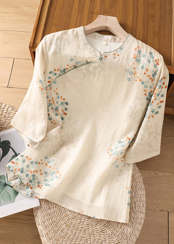 Apricot Stand Collar Print Cotton Shirt Half Sleeve
