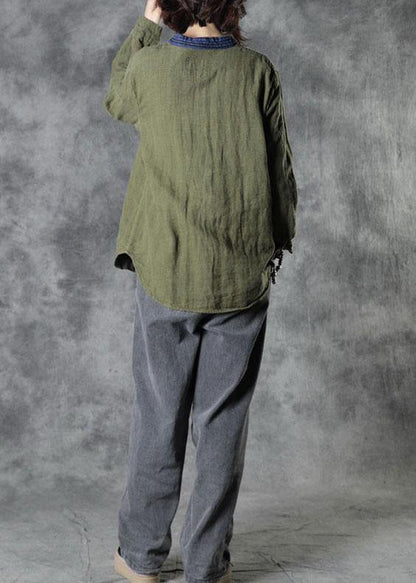 Organic Army Green Retro Pockets Fall Long Sleeve Top