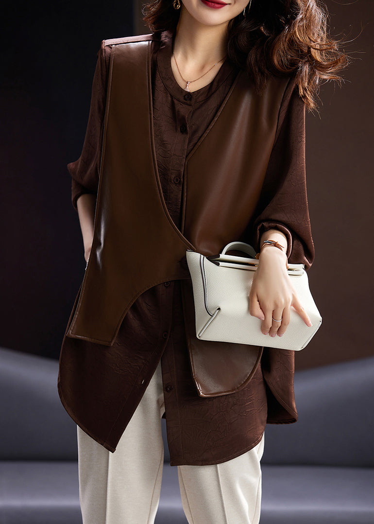 Coffee Button Faux Leather Patchwork False Two Pieces Blouses Spring