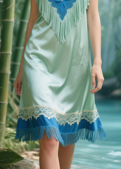 Light Green Tasseled Patchwork Silk Mid Dress Summer