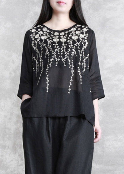 Black Embroideried Linen Top Three Quarter Sleeve