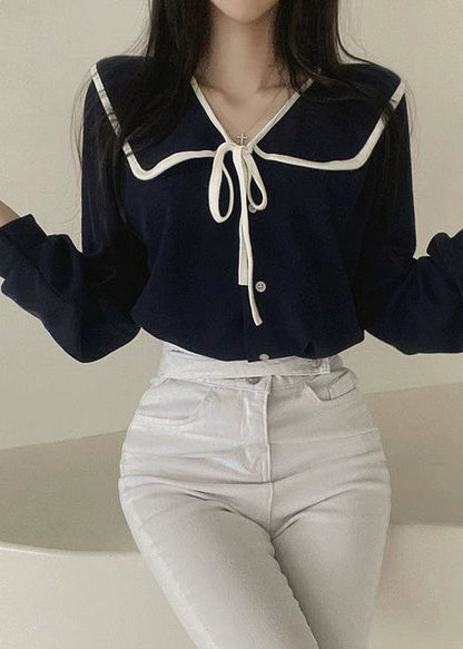 Black Lace Up Cotton Fall Shirt Peter Pan Collar