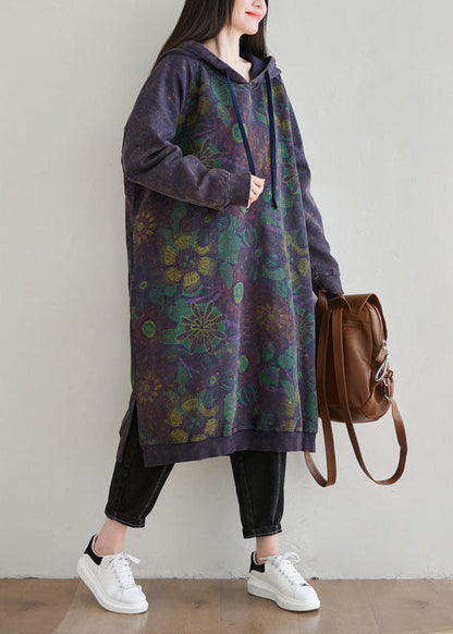 Diy Dark Blue Side Open Drawstring Hooded Loose Sweatshirt Dresses Spring