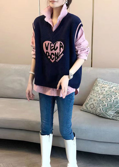 Modern Pink Shirts and Navy Vest Knit Two Pieces Set Fall