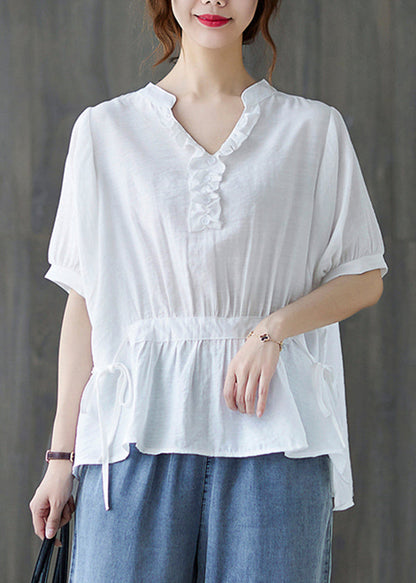 White V Neck Drawstring Ruffled Tank Tops Short Sleeve