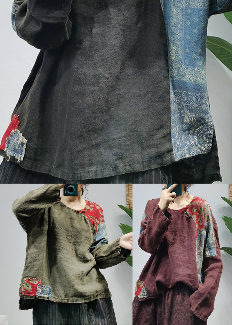 Black Low High Design Linen Blouses Top Long Sleeve