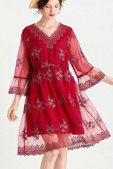 Mulberry V Neck Petal Sleeve Mini Summer Lace Dress