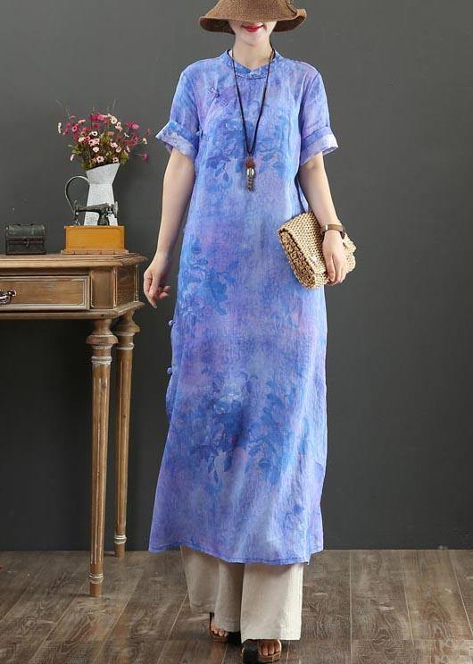 Classy Blue Purple Print Button Ankle Summer Chiffon Dress