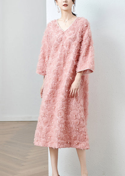 Stylish Pink V Neck Nail Bead Patchwork Tulle Dresses Fall