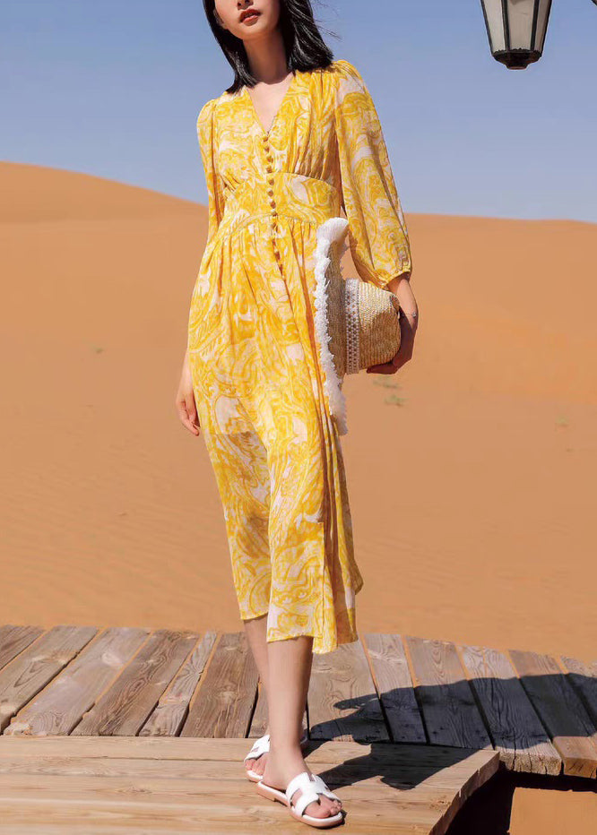 Yellow V Neck Print Chiffon Long Dresses Fall