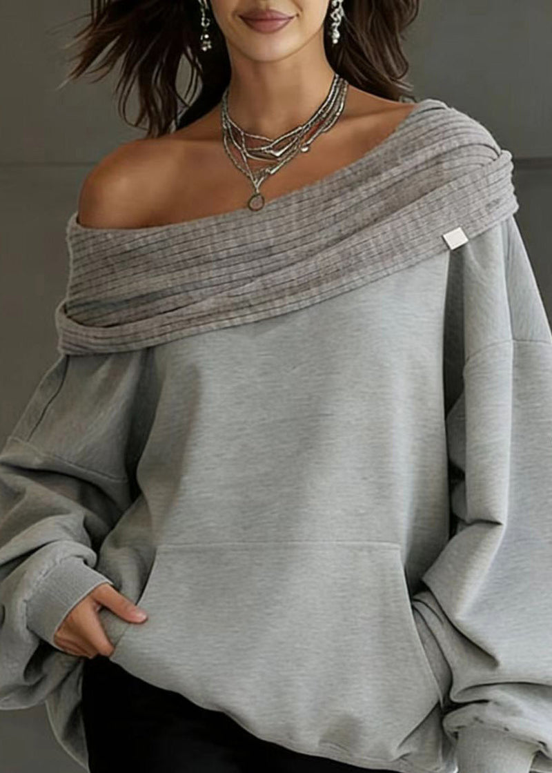New Grey Slash Neck Hooded Pullover Spring