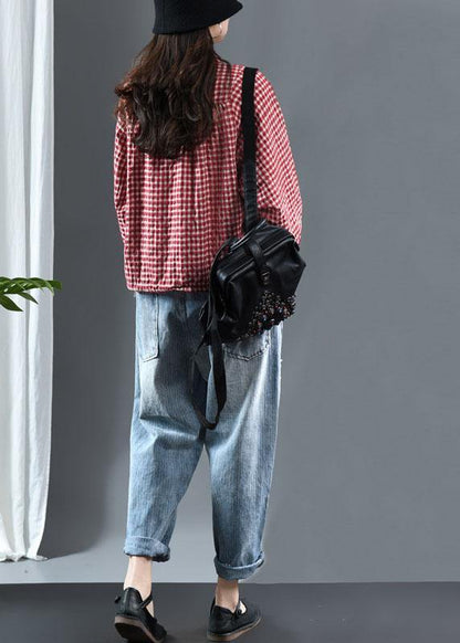 Red Plaid Tie Waist Patchwork Fall Trench Long Sleeve