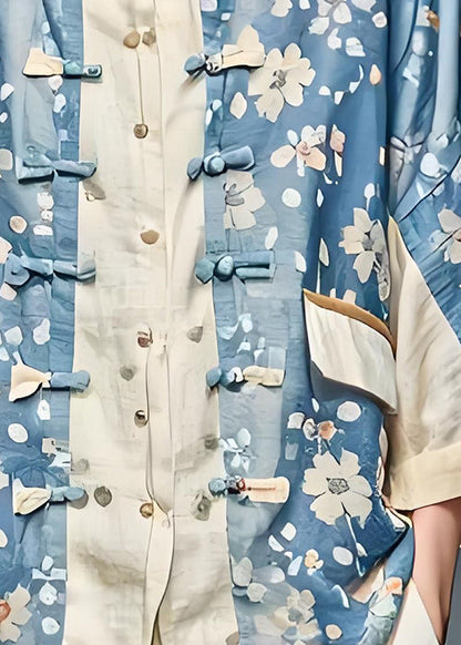 Blue Print Chinese Button Patchwork Cotton Coats Fall