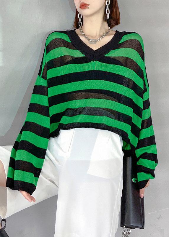 Green Striped V Neckknit Fabric Shirt Summer