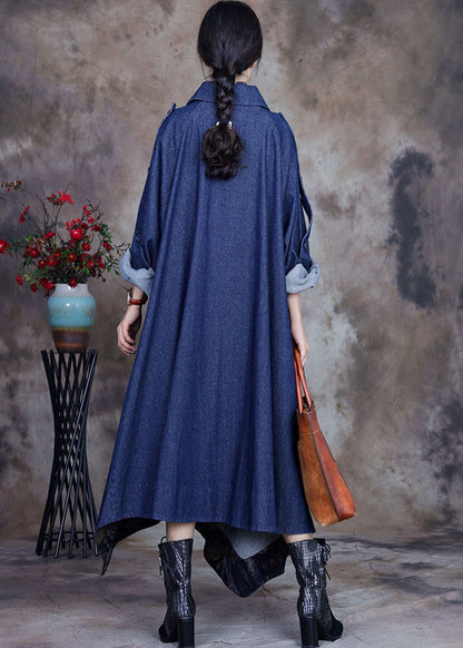Blue Asymmetrical Design Button Peter Pan Collar Cotton Denim Trench Coats Spring