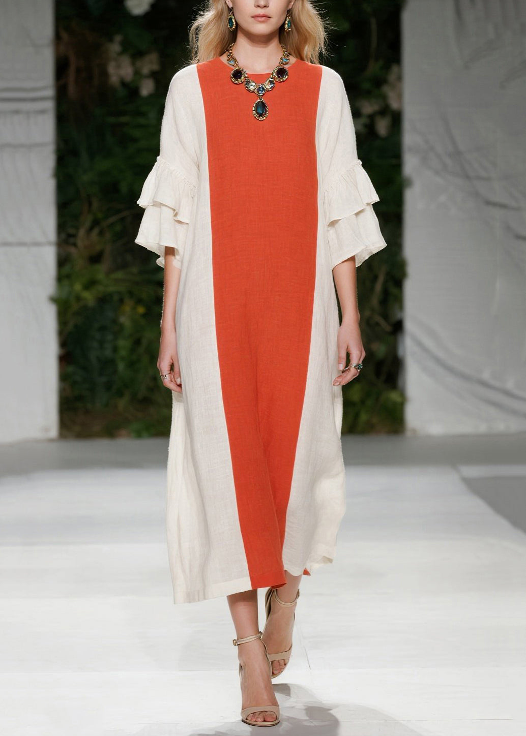 Orange Oversized Patchwork Cotton Maxi Dresses Flare Sleeve