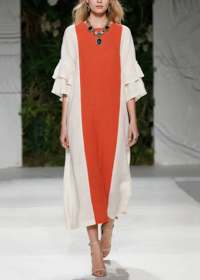 Orange Oversized Patchwork Cotton Maxi Dresses Flare Sleeve