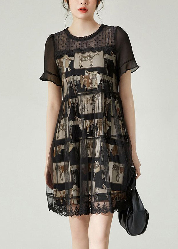 Black O-neck Patchwork Tulle Mid Dress Summer