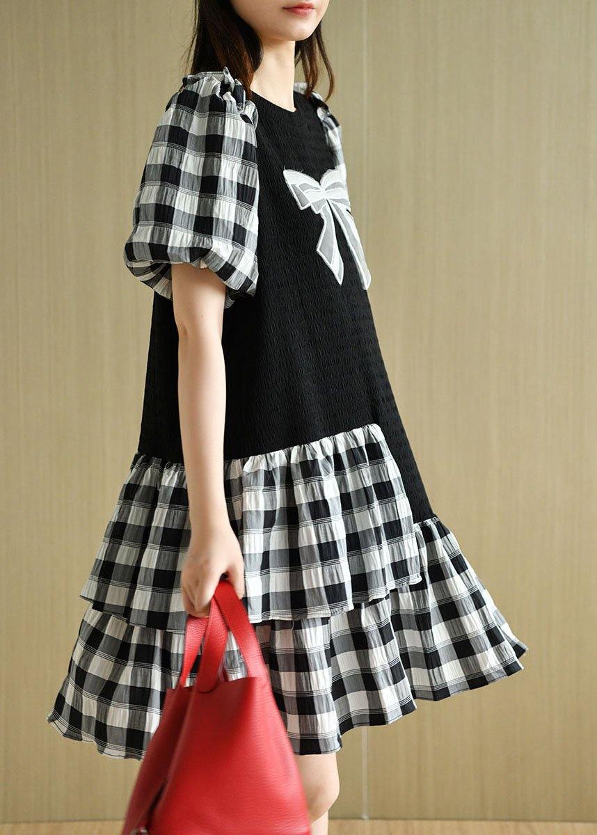 French Black Patchwork Plaid Summer Puff Sleeve Dresses