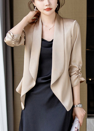 Champagne Peter Pan Collar Wrinkled Satin Coats Spring