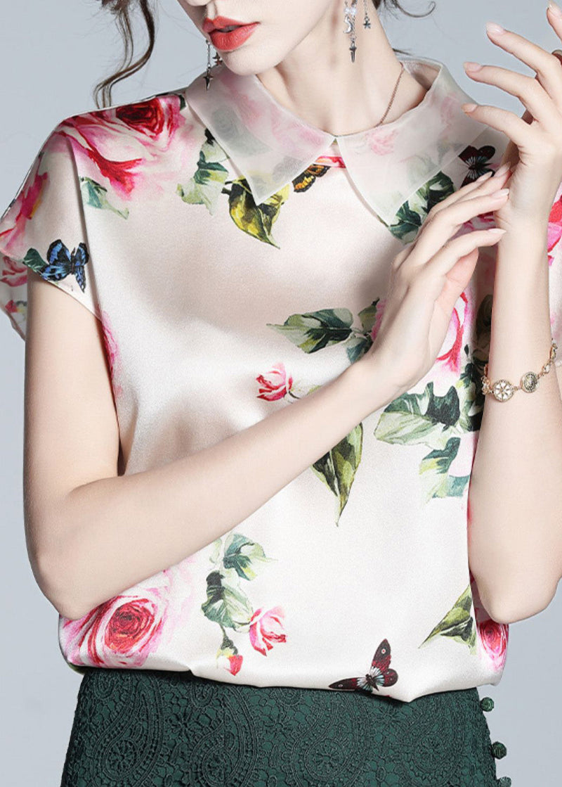 Italian Pink Peter Pan Collar Print Silk Tops Short Sleeve Summer